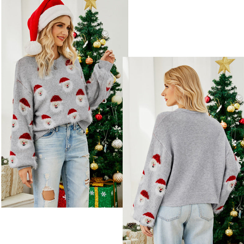 Christmas Sweater Women Cute Cartoon Santa Print Knit Sweater Winter Tops vafini