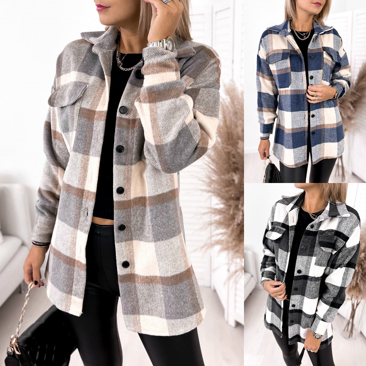 Long-sleeved Single-breasted Plaid Print Shirt Collar Woolen Jacket vafini