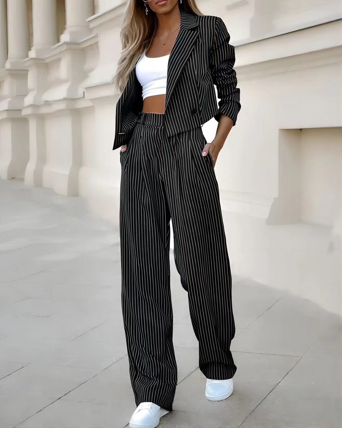 Fashion Striped Suits Casual Lapel Long Sleeve Cropped Top And Straight Pants Outfits Women's Clothing vafini