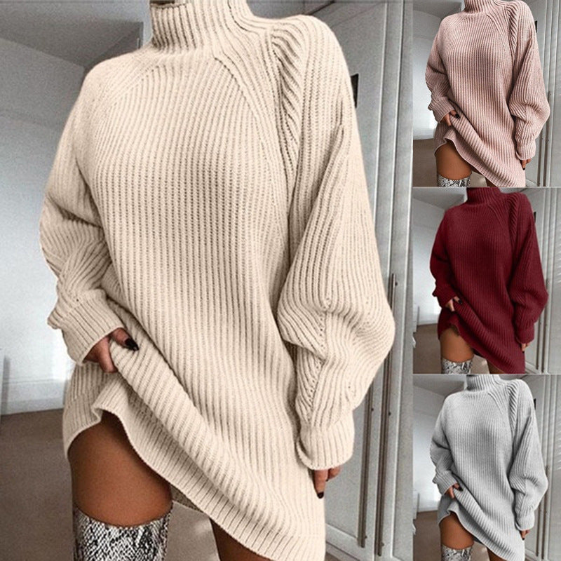 Solid Turtleneck Long Sweater Winter Warm Women Sweater Dress vafini