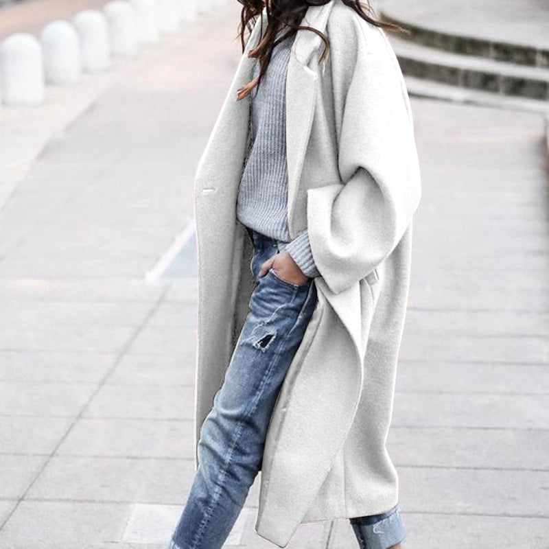 Casual Long Jacket With Pockets Solid Color Single Breasted Lapel Woolen Coat For Women Warm Winter Clothing vafini