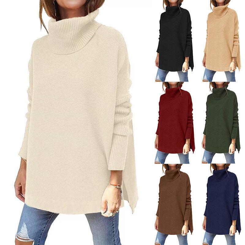 Turtleneck Sweater Mid Length Batwing Sleeve Slit Hem Tunic Pullover Sweaters Winter Tops Women Clothing vafini