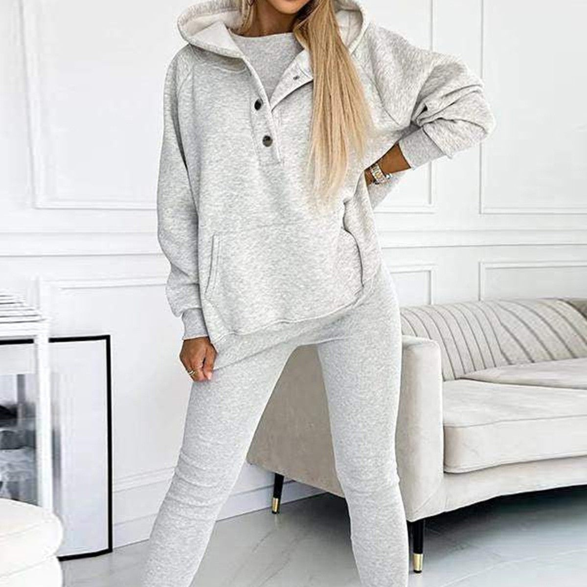 3pcs Women's Sports Suit Loose Hooded Pockets Sweatshirt And Vest And Slim Trousers vafini