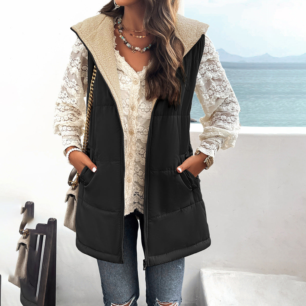 Winter Vest Women Loose Commuting Mid-length Hooded Cotton Jacket With Pockets Fashion Warm Zipper Fluffy Coat Outdoor Clothing vafini