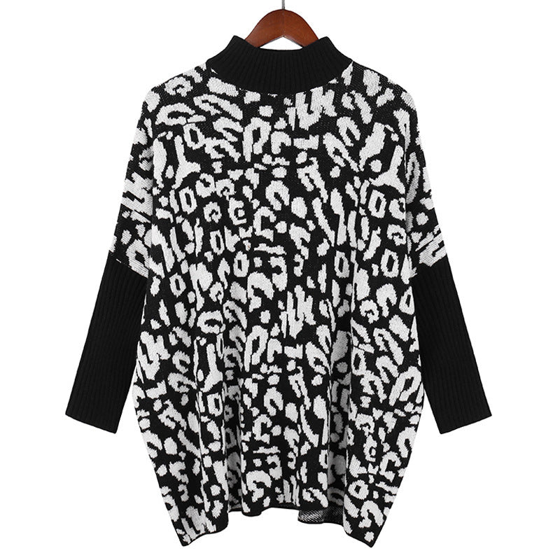 Printed Half Turtleneck Sweater Women Loose Knit Sweater vafini