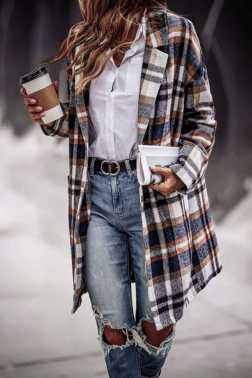 Fashion Plaid Long Jacket With Pockets Autumn And Winter New Style Turndown Collar Woolen Coat Outdoor Women Clothing vafini