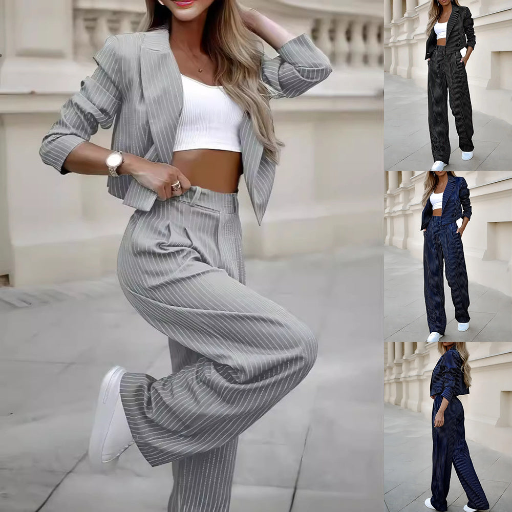 Fashion Striped Suits Casual Lapel Long Sleeve Cropped Top And Straight Pants Outfits Women's Clothing vafini