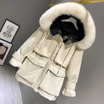 Fashion Hooded Faux Fur Collar Women's Clothing Big Pocket Down Jacket Female Winter Coat Woman vafini