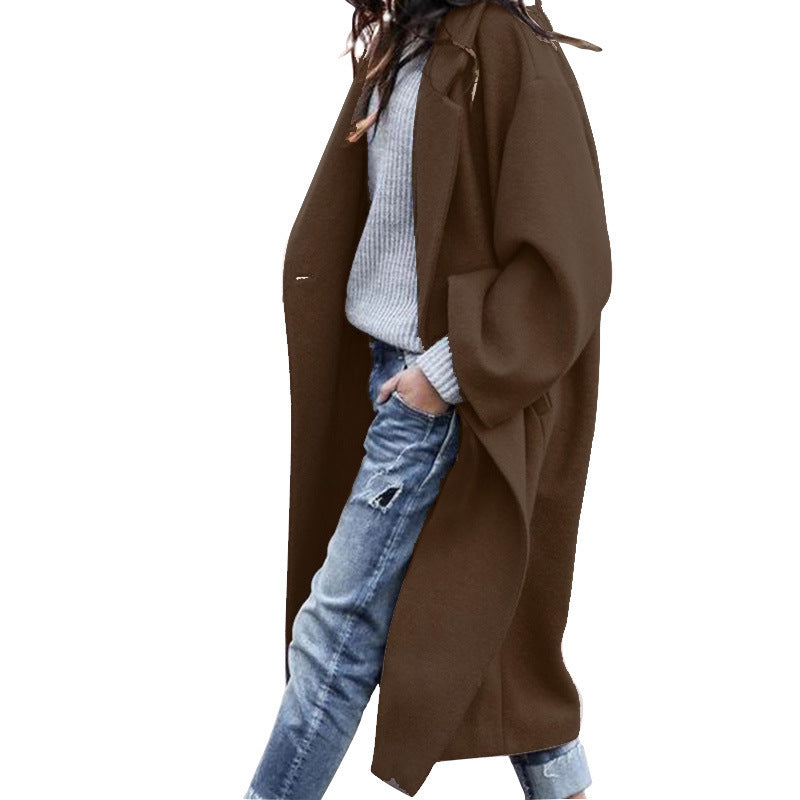 Casual Long Jacket With Pockets Solid Color Single Breasted Lapel Woolen Coat For Women Warm Winter Clothing vafini