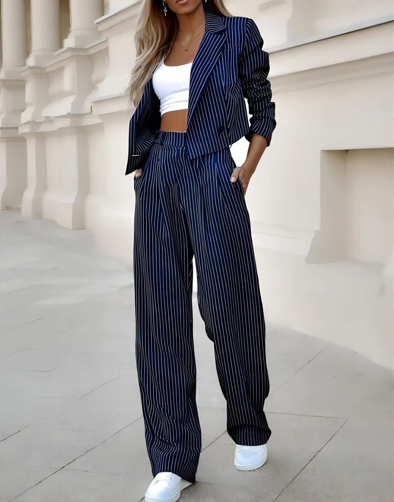 Fashion Striped Suits Casual Lapel Long Sleeve Cropped Top And Straight Pants Outfits Women's Clothing vafini