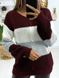 New Knitted V Neck Color Matching Long Sleeved Sweater Women vafini