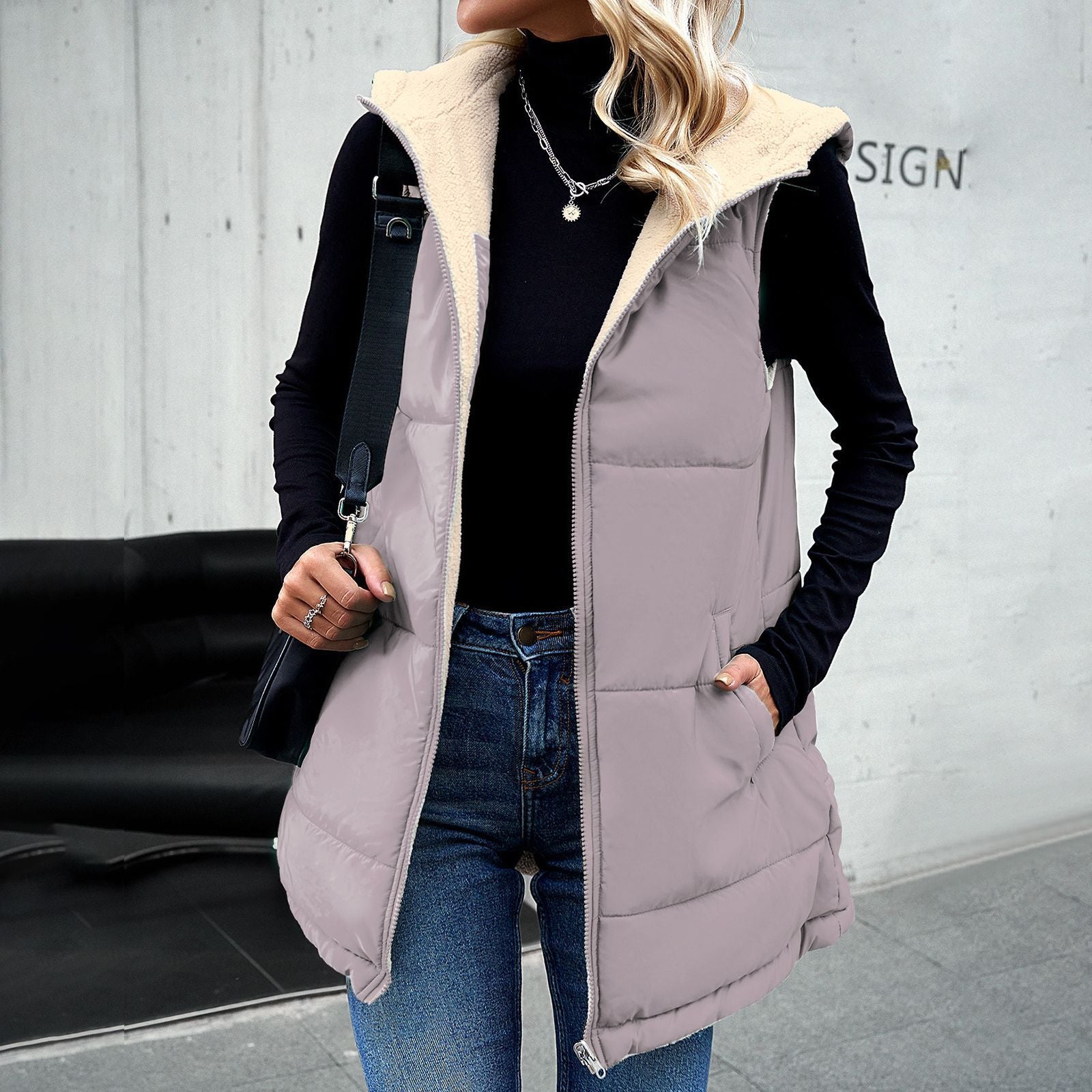 Winter Vest Women Loose Commuting Mid-length Hooded Cotton Jacket With Pockets Fashion Warm Zipper Fluffy Coat Outdoor Clothing vafini