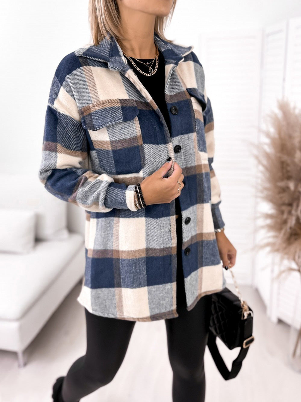 Long-sleeved Single-breasted Plaid Print Shirt Collar Woolen Jacket vafini