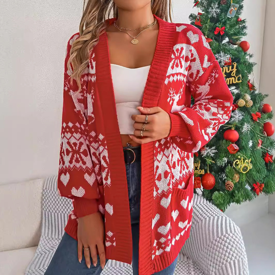 2024 Christmas Clothes Women's Open Front Cardigan Knitwear Lantern Sleeve Xmas Printed Oversized Deer Sweater Pockets Knitted vafini