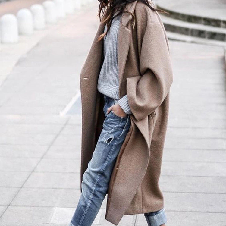 Casual Long Jacket With Pockets Solid Color Single Breasted Lapel Woolen Coat For Women Warm Winter Clothing vafini