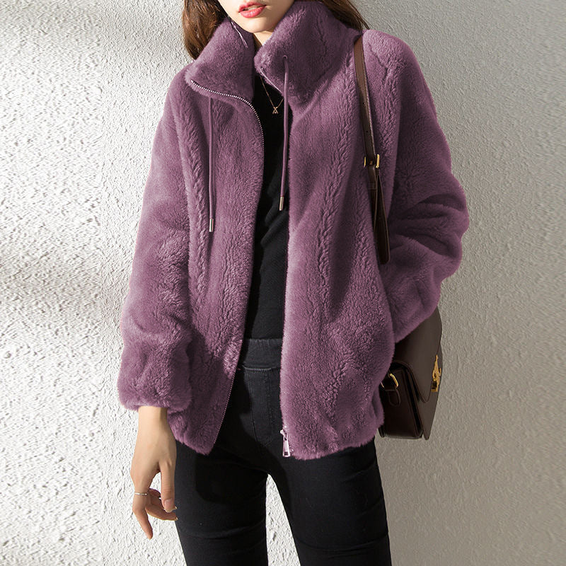 Double Faced Fleece Warm High Neck Sweater Women Cardigan vafini