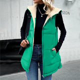 Winter Vest Women Loose Commuting Mid-length Hooded Cotton Jacket With Pockets Fashion Warm Zipper Fluffy Coat Outdoor Clothing vafini