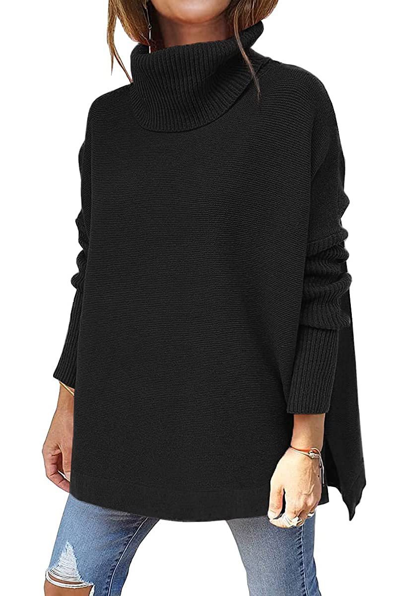 Turtleneck Sweater Mid Length Batwing Sleeve Slit Hem Tunic Pullover Sweaters Winter Tops Women Clothing vafini