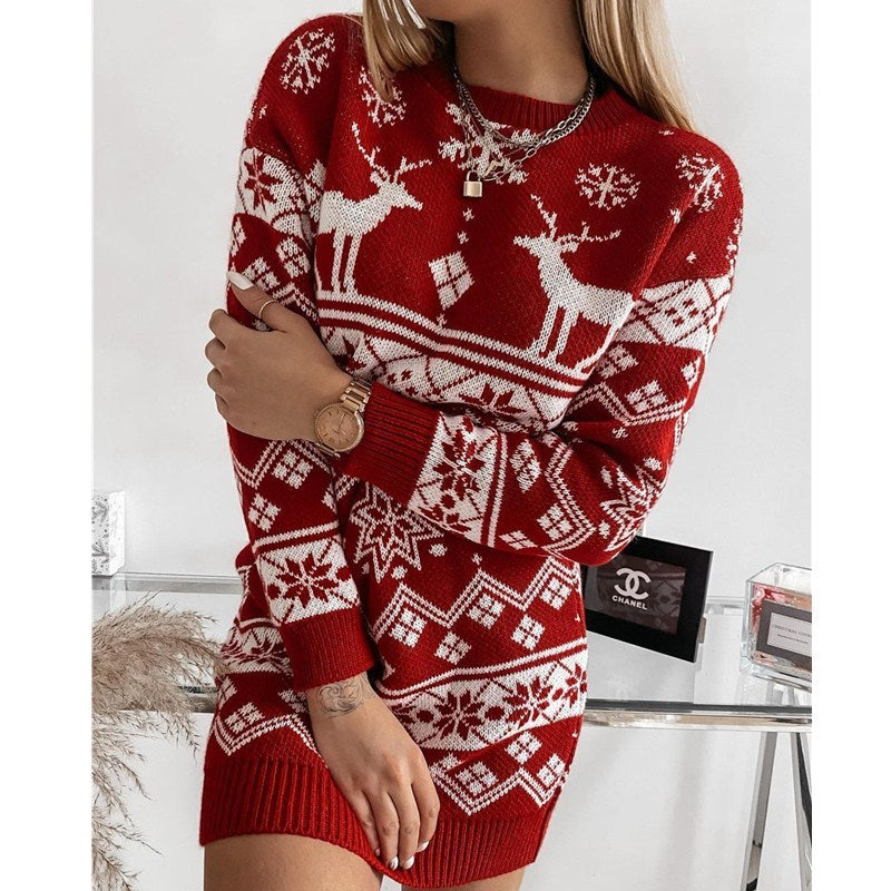 Elk Snowflake Christmas Jacquard Knitted Dress Long Knitted Sweaters vafini