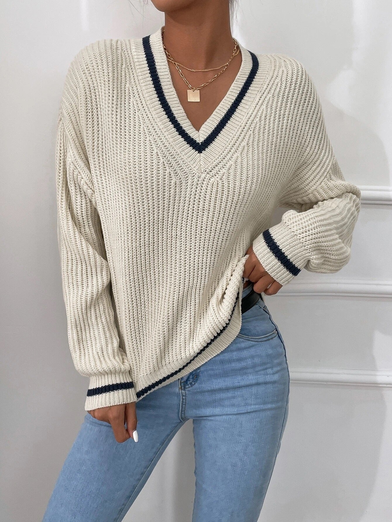 Winter Women's Clothes Cable Knit V Neck Sweaters Casual Long Sleeve Striped Pullover Sweater Trendy Loose Preppy Jumper Top vafini