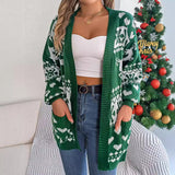 2024 Christmas Clothes Women's Open Front Cardigan Knitwear Lantern Sleeve Xmas Printed Oversized Deer Sweater Pockets Knitted vafini