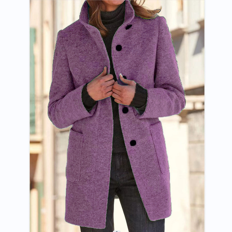 Fashion Stand Collar Woolen Coat With Pockets Fall Winter Casual Button Outwear For Women Clothing vafini