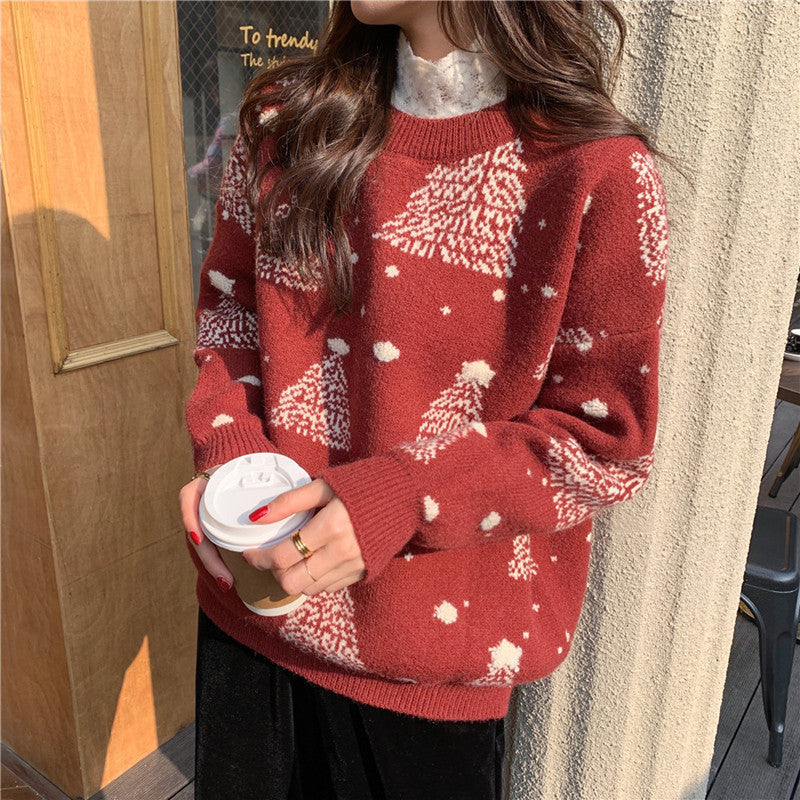 Red Christmas Tree Jacquard Warm Sweater Women vafini