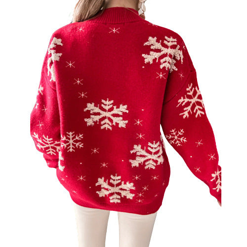 Fall Winter Women's Christmas Sweater Knitted Fluffy Loose Casual Christmas Snowflake Print Long Sleeves Pullovers Tops Streetwear vafini