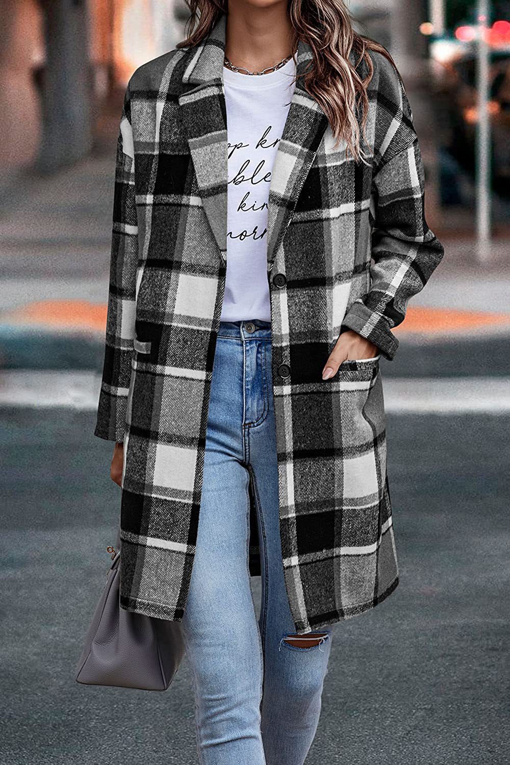 Fashion Plaid Long Jacket With Pockets Autumn And Winter New Style Turndown Collar Woolen Coat Outdoor Women Clothing vafini