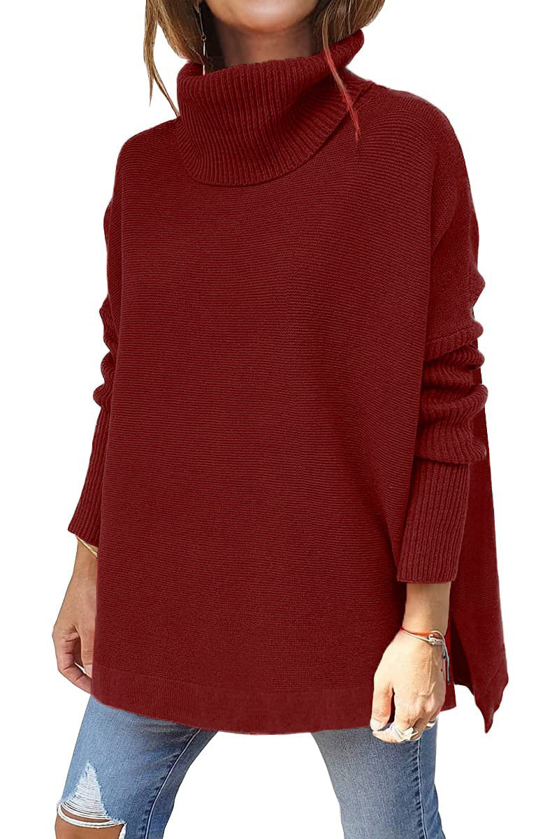 Turtleneck Sweater Mid Length Batwing Sleeve Slit Hem Tunic Pullover Sweaters Winter Tops Women Clothing vafini