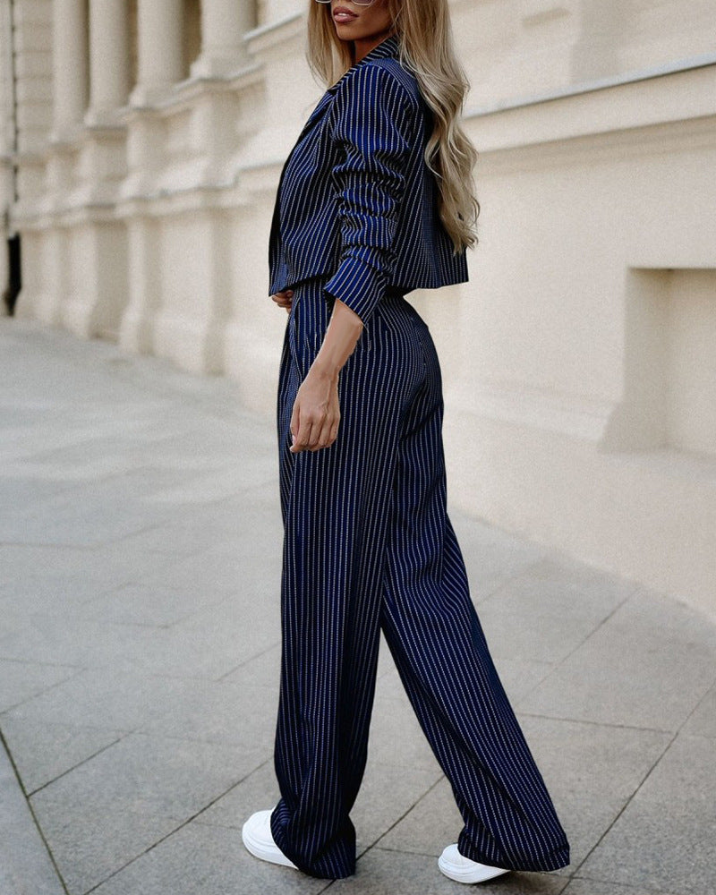 Fashion Striped Suits Casual Lapel Long Sleeve Cropped Top And Straight Pants Outfits Women's Clothing vafini