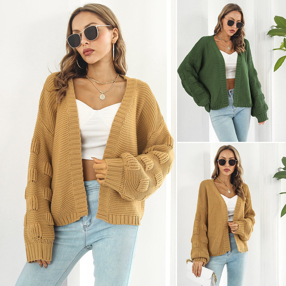 Puff Sleeve Cardigan Sweater Women Clothes Front Chunky Knitwear Coat vafini