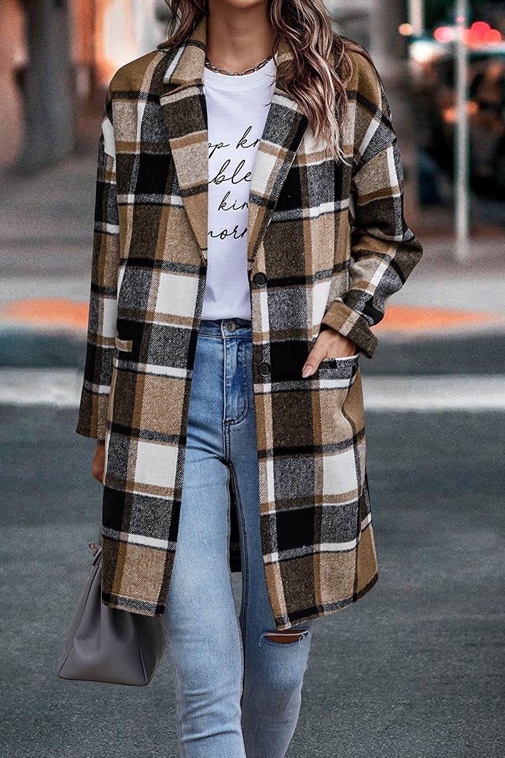 Fashion Plaid Long Jacket With Pockets Autumn And Winter New Style Turndown Collar Woolen Coat Outdoor Women Clothing vafini