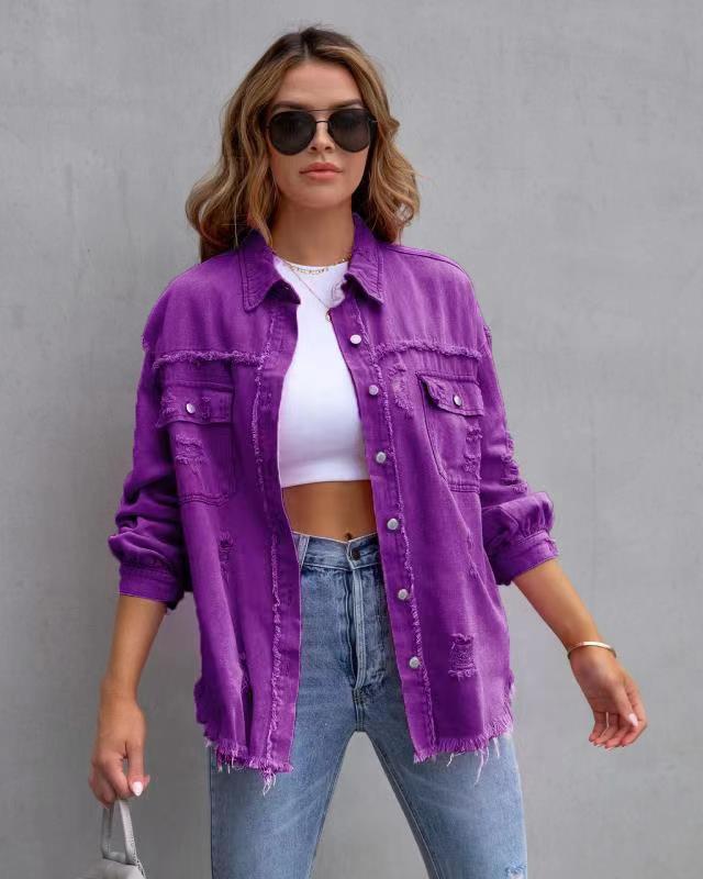 Fashion Ripped Shirt Jacket Female Autumn And Spring Casual Tops Womens Clothing vafini