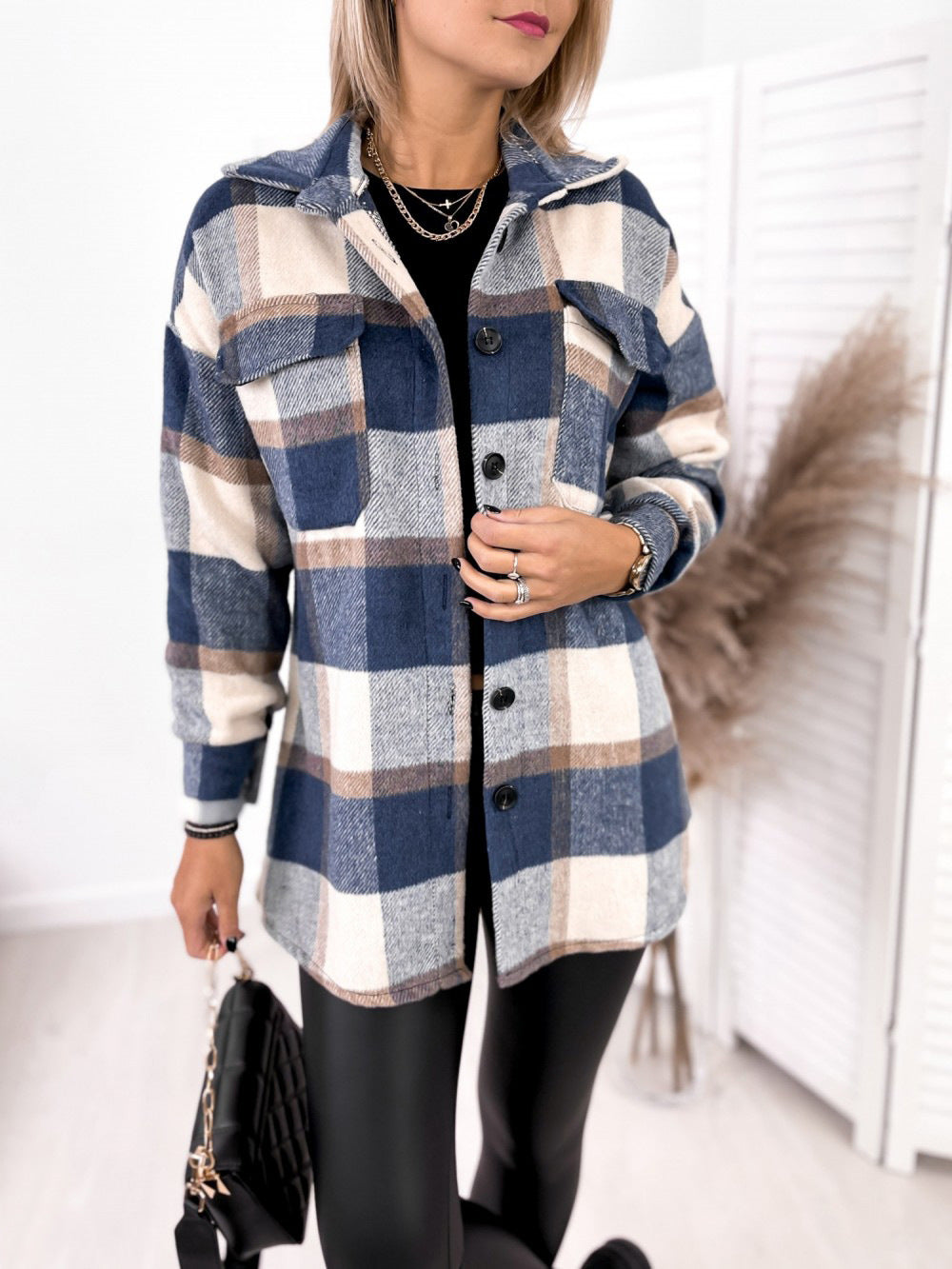 Long-sleeved Single-breasted Plaid Print Shirt Collar Woolen Jacket vafini