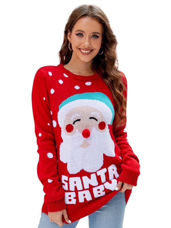 Women's Tops Santa Pullover Sweater Autumn And Winter Letter Embroidery Christmas Red Sweaters Long Sleeve Crew Neck Clothes vafini