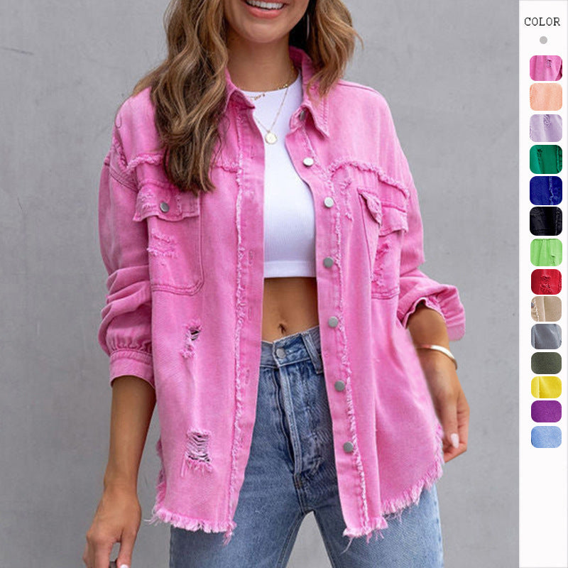 Fashion Ripped Shirt Jacket Female Autumn And Spring Casual Tops Womens Clothing vafini