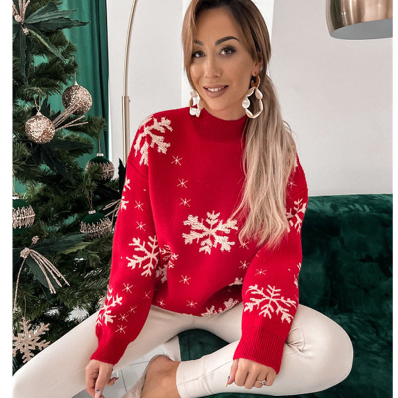 Fall Winter Women's Christmas Sweater Knitted Fluffy Loose Casual Christmas Snowflake Print Long Sleeves Pullovers Tops Streetwear vafini