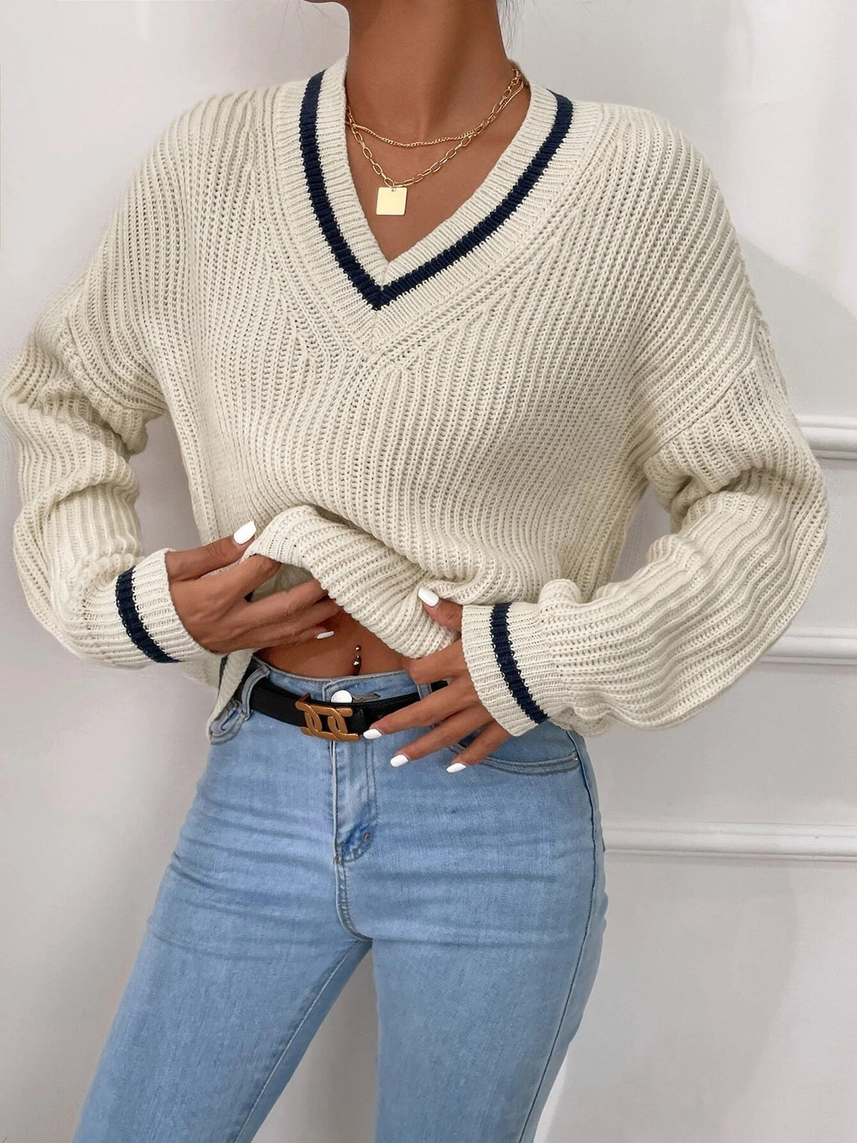 Winter Women's Clothes Cable Knit V Neck Sweaters Casual Long Sleeve Striped Pullover Sweater Trendy Loose Preppy Jumper Top vafini