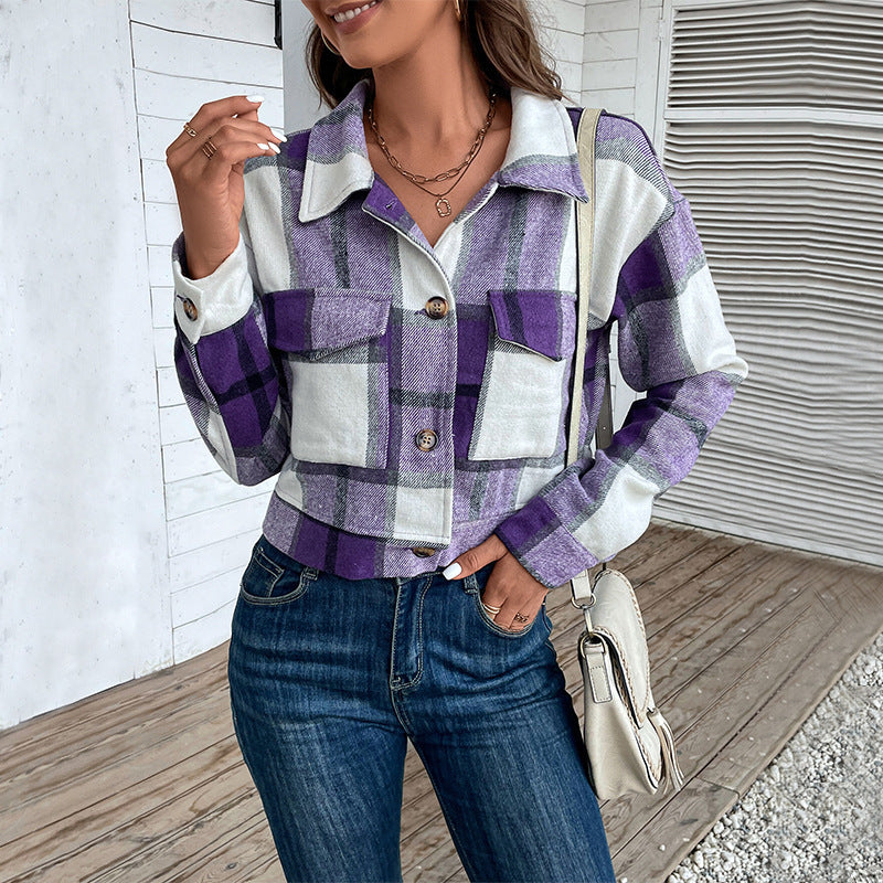 Plaid Lapel Cropped Jacket With Pockets Fashion Button Long Sleeve Short Outwear Tops Coat For Womens Clothing vafini