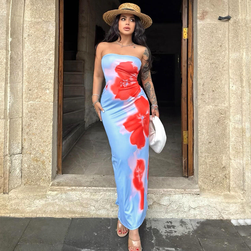 Slim Slit Tube Long Dress Summer Sexy Pint Party Beach Dresses Women's Clothing vafini