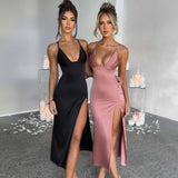 Spaghetti Strap Dress With Split Design Deep V-neck Sleeveless Backless Bodycon Party Dresses For Womens Clothing vafini