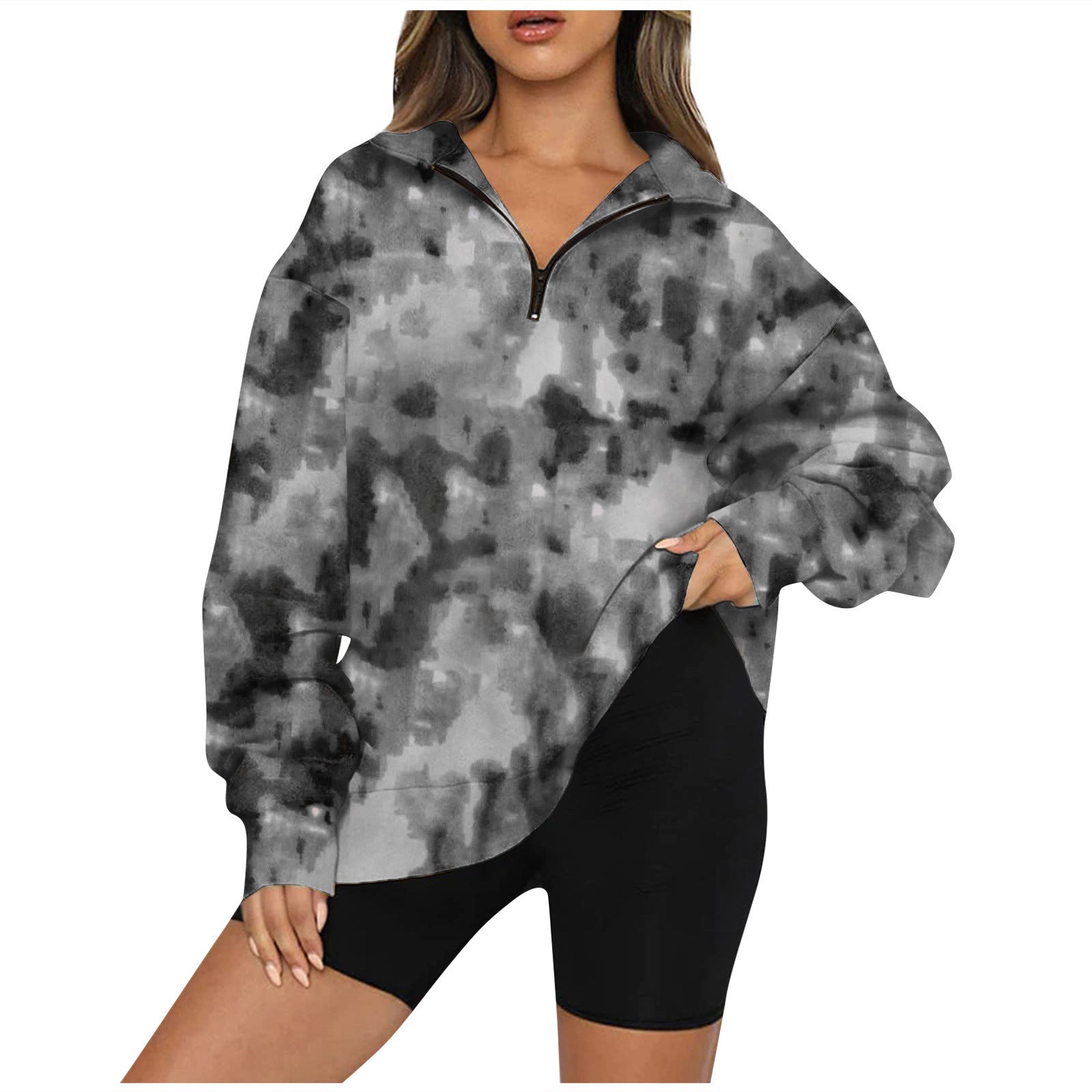 Tie Dye Printed Zippered Lapels Sweatshirt Womens Clothing Long Sleeve Loose Pocketless Top vafini