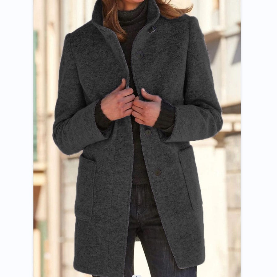 Fashion Stand Collar Woolen Coat With Pockets Fall Winter Casual Button Outwear For Women Clothing vafini