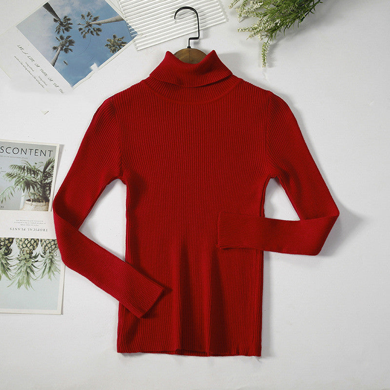 Solid Color Pit Strip Knit Pullover Turtleneck Sweater vafini