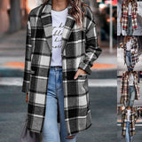 Fashion Plaid Long Jacket With Pockets Autumn And Winter New Style Turndown Collar Woolen Coat Outdoor Women Clothing vafini