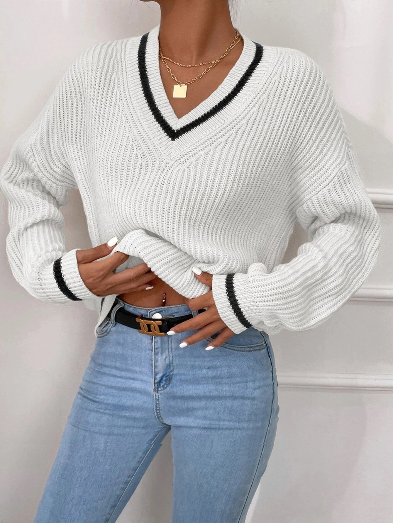 Winter Women's Clothes Cable Knit V Neck Sweaters Casual Long Sleeve Striped Pullover Sweater Trendy Loose Preppy Jumper Top vafini