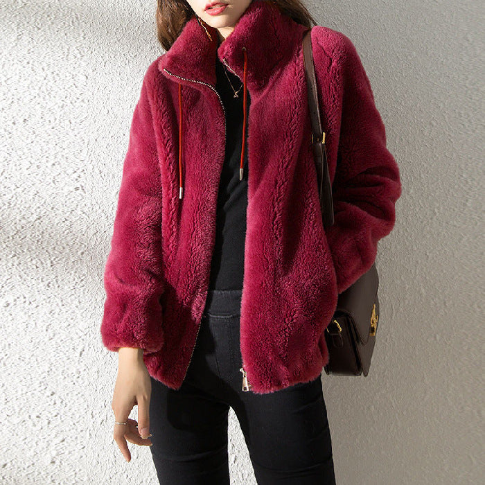 Double Faced Fleece Warm High Neck Sweater Women Cardigan vafini