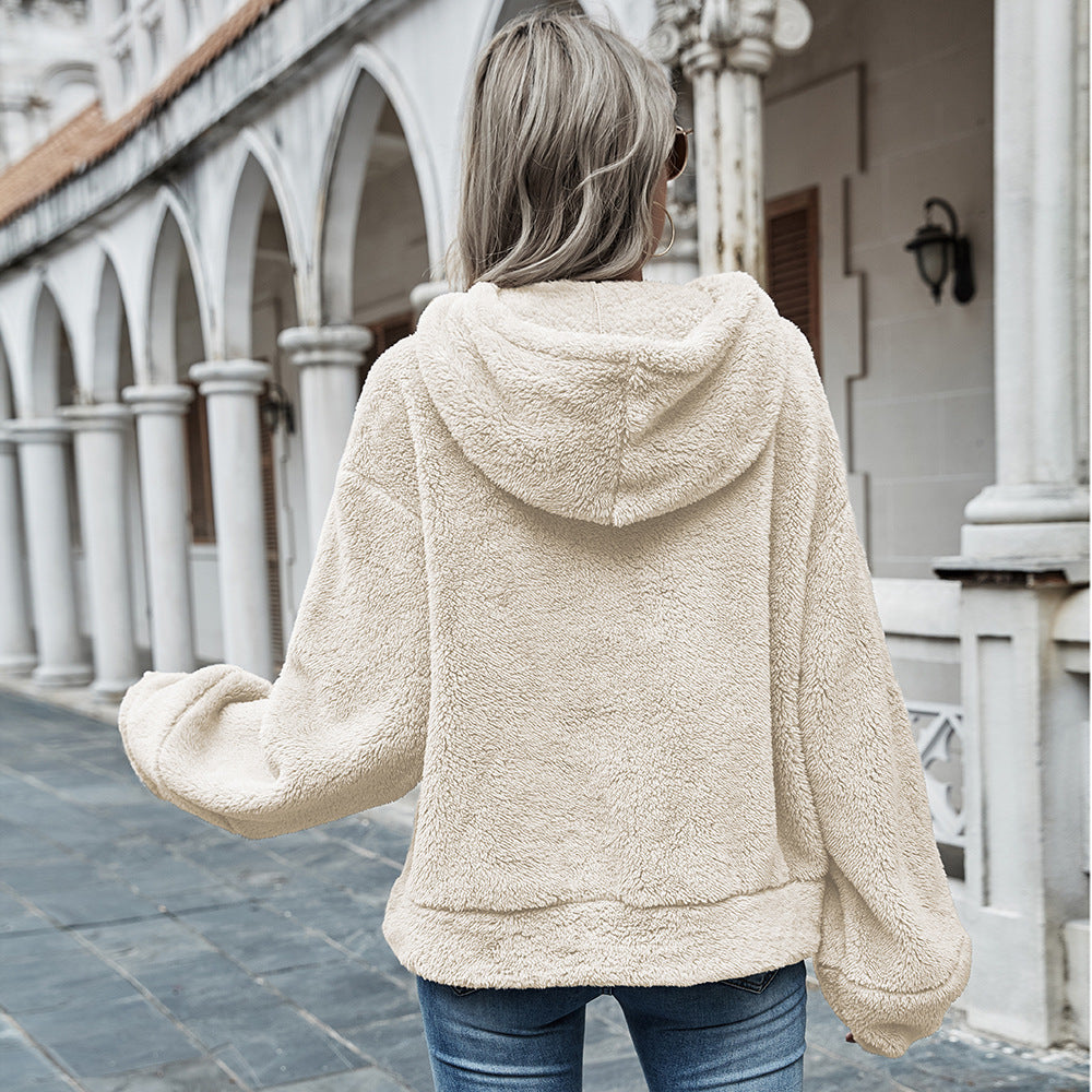 Hooded Solid Color Plush Loose Sweater Women  Sweater vafini