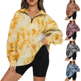 Tie Dye Printed Zippered Lapels Sweatshirt Womens Clothing Long Sleeve Loose Pocketless Top vafini